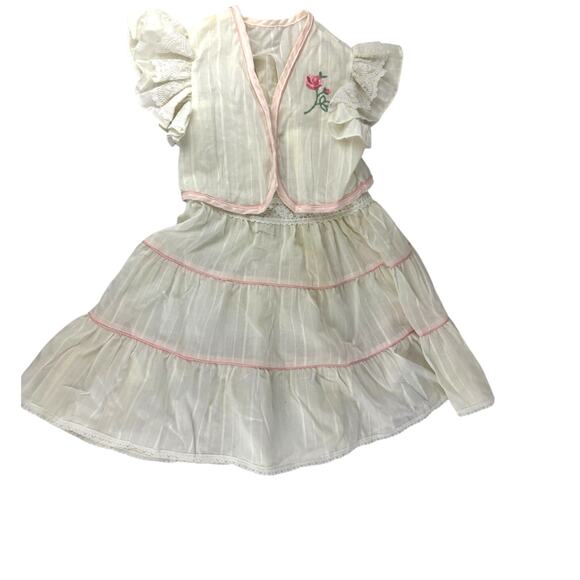 Vintage Other - Vintage White Tiered Ruffles Dress with Shrug Pink Ribbon Lace Trim 6 USA